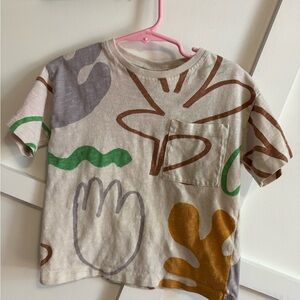 Zara Kids Beige Tee with Green, Mustard, Gray & Brown Abstract Print